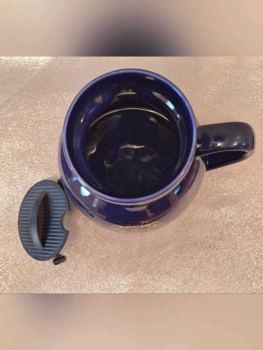 Vintage Starbucks Blue FAT Boy Travel Mug & Lid. Ceramic With Gold Logo